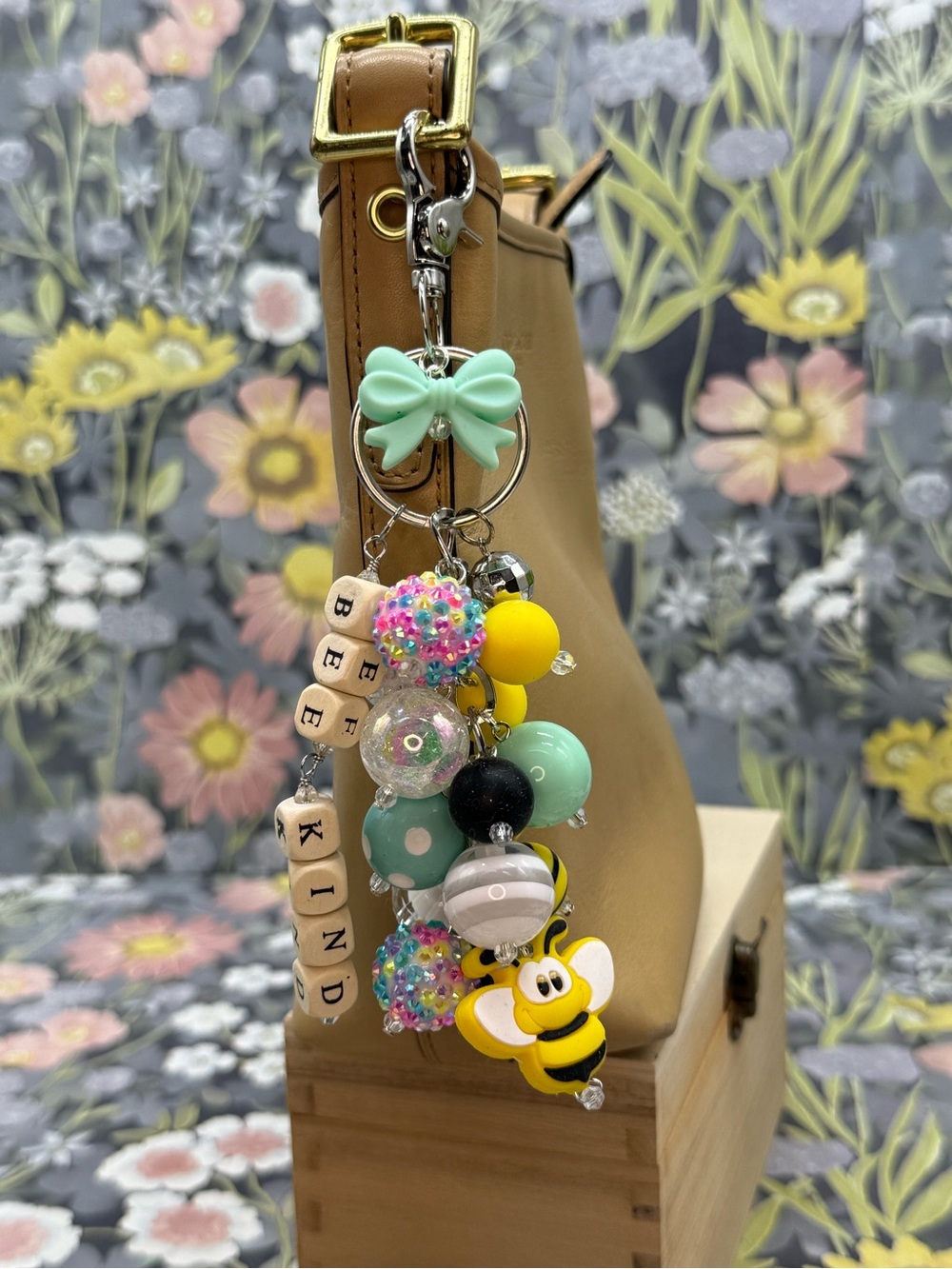 Adorned Crown Jewelry purse bag charm keychain bee kind Cha cha bauble